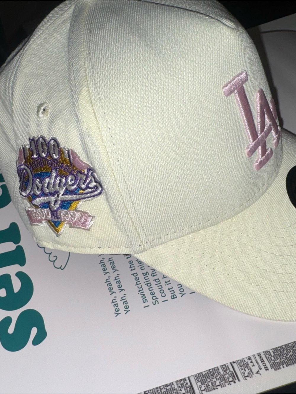 New Era Cream Dodgers Cap with Pink LA Logo